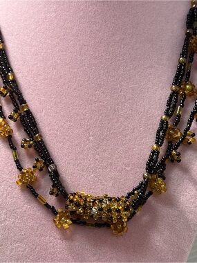 Handcrafted Black and Amber Beaded Multi-Strand Necklace